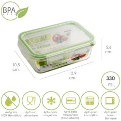 Recipiente Hermético Cristal Rectangular 330 ml. 13.9 x 10.5 x 5.6 (alt) cm.