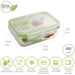 Recipiente Hermético Cristal Rectangular 550 ml. 16.7 x 11.8 x 6.2 (alt) cm.