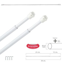 Barra Visillo Extensible 23/38 cm. con Muelle Presión, Soportes y Ventosas (2 Piezas)