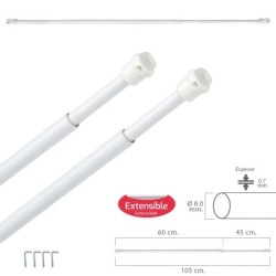 Barra Visillo Extensible 60/105 cm. con Muelle Presión, Soportes y Ventosas (2 Piezas)