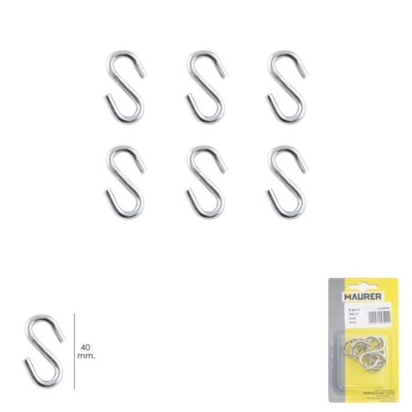 Gancho "S" 40 mm. Zincado (Blíster 6 piezas) Uso Domestico