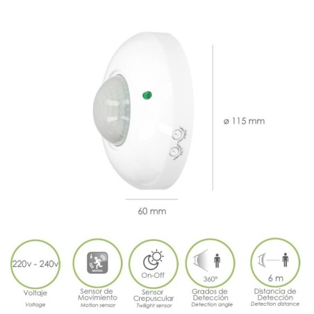 Detector De Movimiento Por Infrarrojos Con Sensor Crepuscular 360º. Ajustable