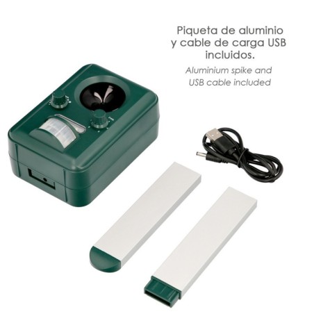 Ahuyentador Ultrasonidos Animales funcionamiento Solar / USB. Ahuyenta Roedores, Ratones, Gatos, Perros, Aves, Pájaros, etc..