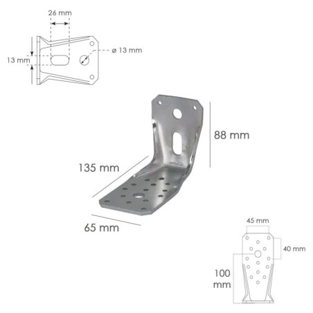 Soporte Para Madera Con Angulo Reforzado 65x88x135 mm. Conector Angular, Escuadra Fijación