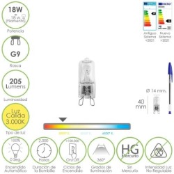 Bombilla Halógena G-9. 18 W. 205 lúmenes. Luz cálida (3.000º K)