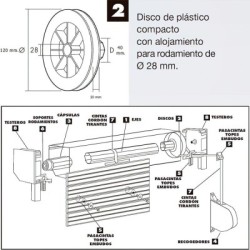 Disco Plástico Compacto Para Persianas. Rodamiento 120x40 mm. Para cintas hasta 20 mm.