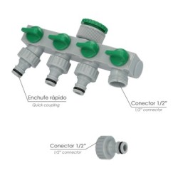 Adaptador Manguera Plástico 3/4" - 1" 4 Vías, Distribuidor 4 vías, Divisor Manguera, Ajuste Independiente, Tomas 1/2+Adaptador