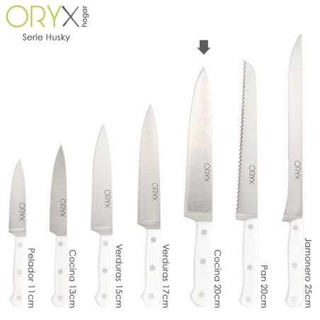 Cuchillo Husky Cocina 20 cm. Hoja Acero Inoxidable, Cuchillo Carne, Cuchillo Pescado, Cuchillo Chef, Mango Ergonómico Blanco