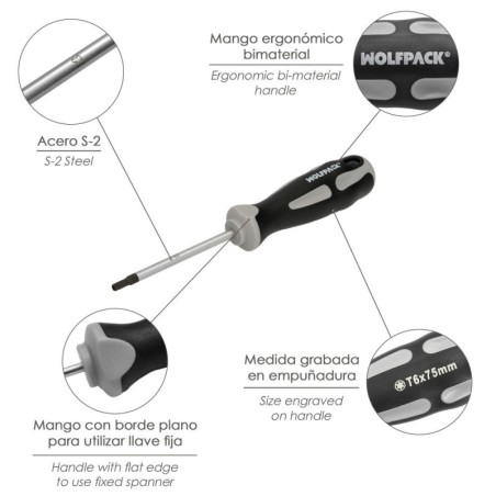 Destornillador Torx Acero S2 Mango TPR Bimaterial. Medida T06 x Diámetro 3,0 x 75 mm.
