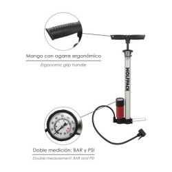 Bomba Inflar Bicicleta Con Manómetro. Doble Boquilla Válvula Presta y Schrader. Diámetro 32 x 500 mm. 10 BAR / 160 PSI