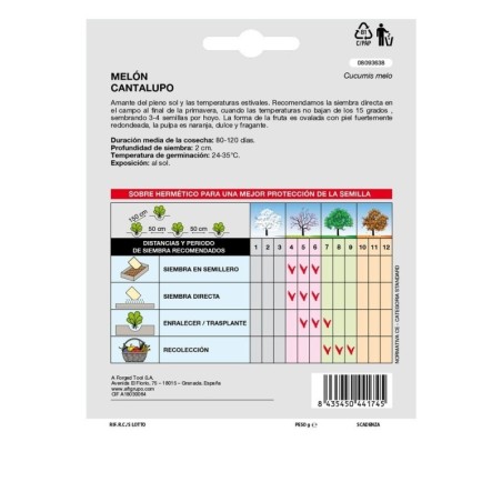 Semillas Melón Cantalupo (3 gramos) Semillas Frutas, Horticultura, Hortícola, Semillas Huerto.